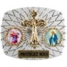 Plaque auto rectangle H. 3,5 x 4 cm arrondie en alu striée avec croix plus 2 résines, plusieurs saints.