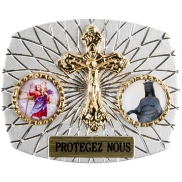 Plaque auto rectangle H. 3,5 x 4 cm arrondie en alu striée avec croix plus 2 résines, plusieurs saints.