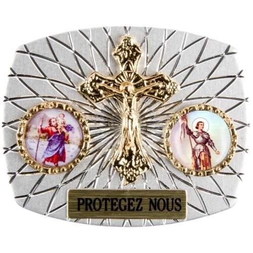 Plaque auto rectangle H. 3,5 x 4 cm arrondie en alu striée avec croix plus 2 résines, plusieurs saints.