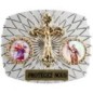 Plaque auto rectangle H. 3,5 x 4 cm arrondie en alu striée avec croix plus 2 résines, plusieurs saints.