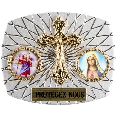 Plaque auto rectangle H. 3,5 x 4 cm arrondie en alu striée avec croix plus 2 résines, plusieurs saints.