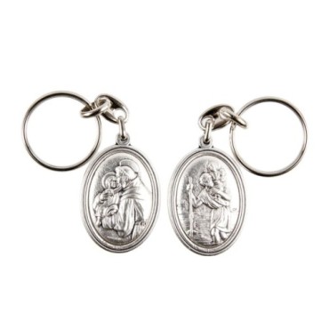 Porte-clés H. 3,7 cm en métal couleur argentée forme ovale double face, plusieurs saints..