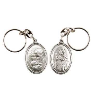 Porte-clés H. 3,7 cm en métal couleur argentée forme ovale double face, plusieurs saints..
