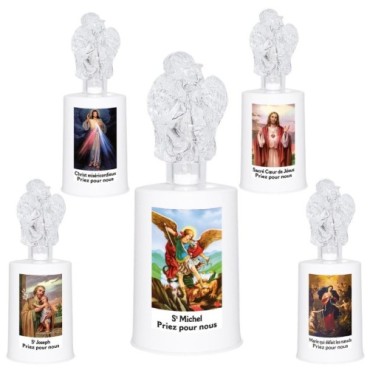 Lumignon blanc a piles H. 13,5 cm avec ange, plusieurs saints.