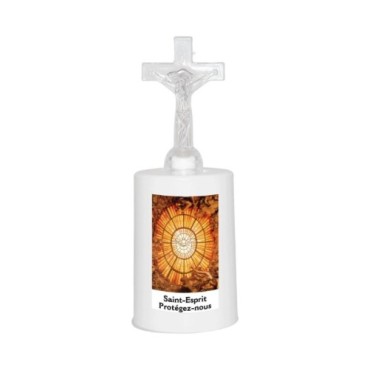 Lumignon blanc a piles H. 13,5 cm avec croix, plusieurs saints.