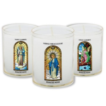 Veilleuse blanche avec autocollant -quot-vitrail-quot- de saint 20-24- H- 6-5 cm- -Oslash- 5 cm - VO 5--