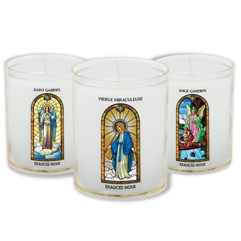 Veilleuse blanche avec autocollant -quot-vitrail-quot- de saint 20-24- H- 6-5 cm- -Oslash- 5 cm - VO 5--
