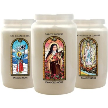 Veilleuse blanche 3 jours avec image vitrail de saint, hauteur 9,7 cm Ø 5.8 cm..