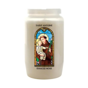 Veilleuse blanche 3 jours avec image vitrail de saint, hauteur 9,7 cm Ø 5.8 cm..