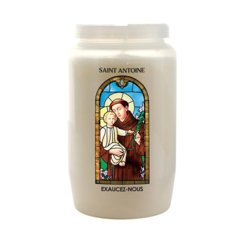 Veilleuse blanche 3 jours avec image vitrail de saint, hauteur 9,7 cm Ø 5.8 cm..