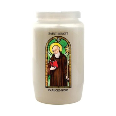 Veilleuse blanche 3 jours avec image vitrail de saint, hauteur 9,7 cm Ø 5.8 cm..