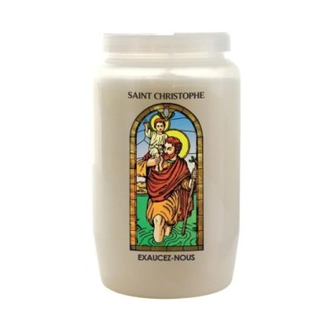 Veilleuse blanche 3 jours avec image vitrail de saint, hauteur 9,7 cm Ø 5.8 cm..