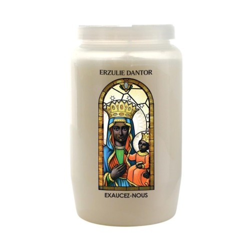 Veilleuse blanche 3 jours avec image vitrail de saint, hauteur 9,7 cm Ø 5.8 cm..