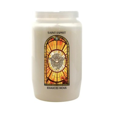 Veilleuse blanche 3 jours avec image vitrail de saint, hauteur 9,7 cm Ø 5.8 cm..