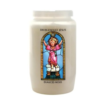 Veilleuse blanche 3 jours avec image vitrail de saint, hauteur 9,7 cm Ø 5.8 cm..