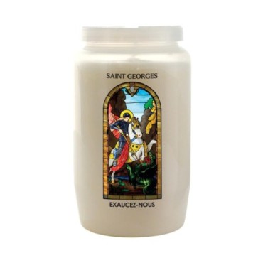 Veilleuse blanche 3 jours avec image vitrail de saint, hauteur 9,7 cm Ø 5.8 cm..