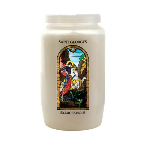 Veilleuse blanche 3 jours avec image vitrail de saint, hauteur 9,7 cm Ø 5.8 cm..