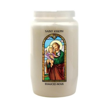 Veilleuse blanche 3 jours avec image vitrail de saint, hauteur 9,7 cm Ø 5.8 cm..