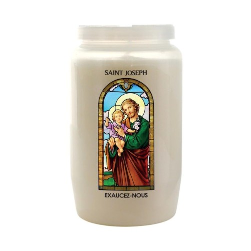Veilleuse blanche 3 jours avec image vitrail de saint, hauteur 9,7 cm Ø 5.8 cm..