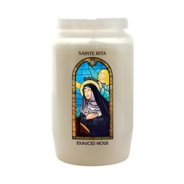 Veilleuse blanche 3 jours avec image vitrail de saint, hauteur 9,7 cm Ø 5.8 cm..
