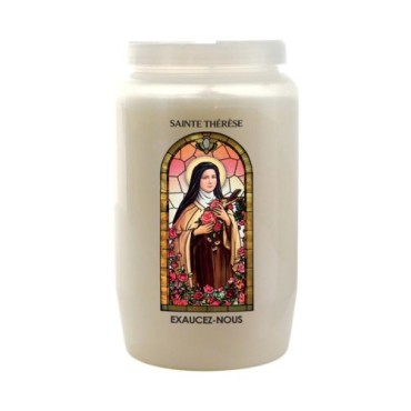 Veilleuse blanche 3 jours avec image vitrail de saint, hauteur 9,7 cm Ø 5.8 cm..