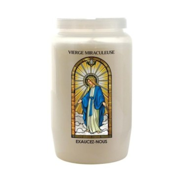 Veilleuse blanche 3 jours avec image vitrail de saint, hauteur 9,7 cm Ø 5.8 cm..