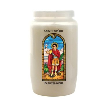 Veilleuse blanche 3 jours avec image vitrail de saint, hauteur 9,7 cm Ø 5.8 cm..
