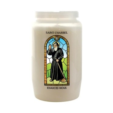 Veilleuse blanche 3 jours avec image vitrail de saint, hauteur 9,7 cm Ø 5.8 cm..