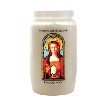 Veilleuse blanche 3 jours avec image vitrail de saint, hauteur 9,7 cm Ø 5.8 cm..