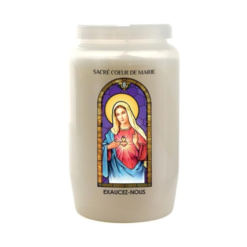 Veilleuse blanche 3 jours avec image vitrail de saint, hauteur 9,7 cm Ø 5.8 cm..