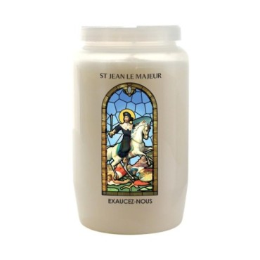 Veilleuse blanche 3 jours avec image vitrail de saint, hauteur 9,7 cm Ø 5.8 cm..
