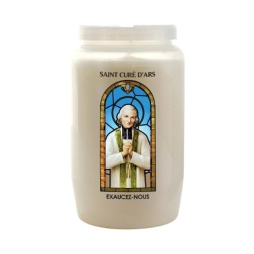 Veilleuse blanche 3 jours avec image vitrail de saint, hauteur 9,7 cm Ø 5.8 cm..