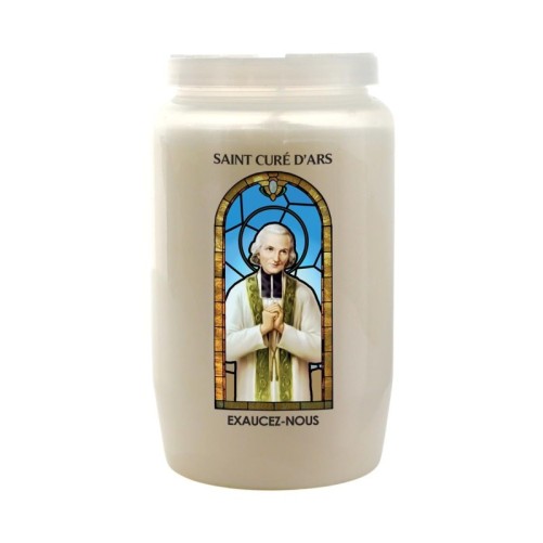 Veilleuse blanche 3 jours avec image vitrail de saint, hauteur 9,7 cm Ø 5.8 cm..