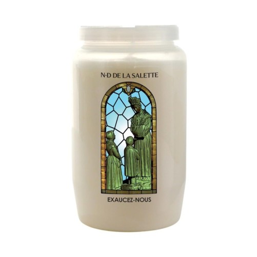 Veilleuse blanche 3 jours avec image vitrail de saint, hauteur 9,7 cm Ø 5.8 cm..
