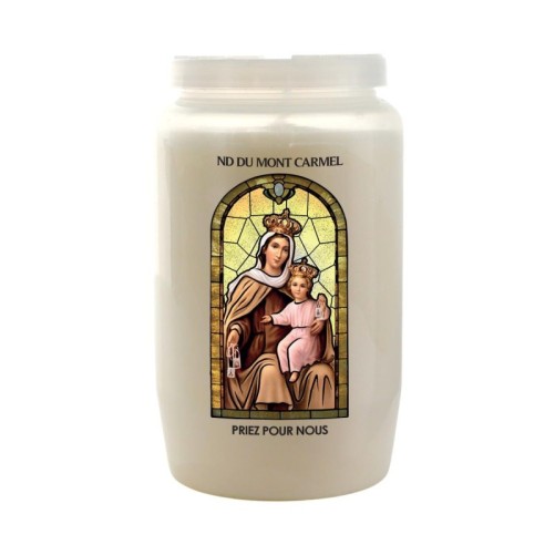 Veilleuse blanche 3 jours avec image vitrail de saint, hauteur 9,7 cm Ø 5.8 cm..