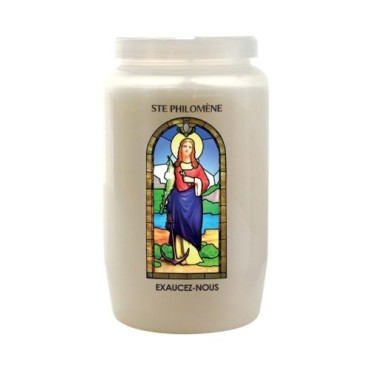 Veilleuse blanche 3 jours avec image vitrail de saint, hauteur 9,7 cm Ø 5.8 cm..