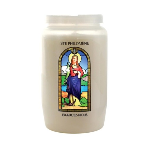 Veilleuse blanche 3 jours avec image vitrail de saint, hauteur 9,7 cm Ø 5.8 cm..