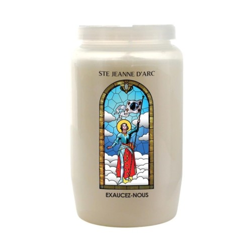 Veilleuse blanche 3 jours avec image vitrail de saint, hauteur 9,7 cm Ø 5.8 cm..