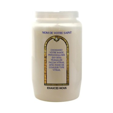 Veilleuse blanche 3 jours avec image vitrail de saint, hauteur 9,7 cm Ø 5.8 cm..