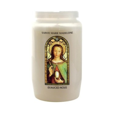 Veilleuse blanche 3 jours avec image vitrail de saint, hauteur 9,7 cm Ø 5.8 cm..