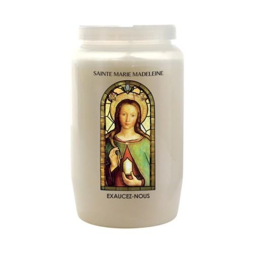Veilleuse blanche 3 jours avec image vitrail de saint, hauteur 9,7 cm Ø 5.8 cm..