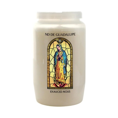 Veilleuse blanche 3 jours avec image vitrail de saint, hauteur 9,7 cm Ø 5.8 cm..