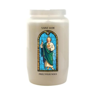 Veilleuse blanche 3 jours avec image vitrail de saint, hauteur 9,7 cm Ø 5.8 cm..