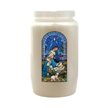 Veilleuse blanche 3 jours avec image vitrail de saint, hauteur 9,7 cm Ø 5.8 cm..