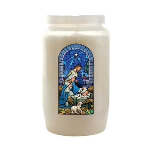 Veilleuse blanche 3 jours avec image vitrail de saint, hauteur 9,7 cm Ø 5.8 cm..