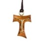 Croix de Tau bois d'olivier avec Christ moderne en métal couleur dorée H. 2 cm cordon 70 cm..