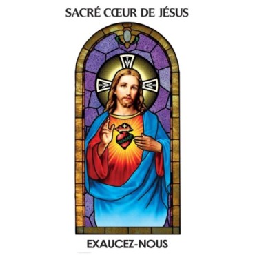 Autocollant Transparent vitrail de saint avec priere H. 10.5 x 6.5 cm pour bougie de neuvaine..