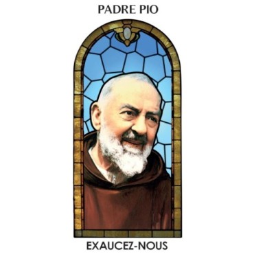 Autocollant Transparent vitrail de saint avec priere H. 10.5 x 6.5 cm pour bougie de neuvaine..