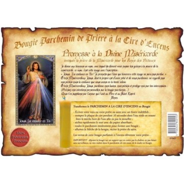 Parchemin priere de cire a l encens H. 14 cm avec image papier.