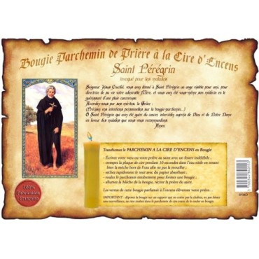 Parchemin priere de cire a l encens H. 14 cm avec image papier.